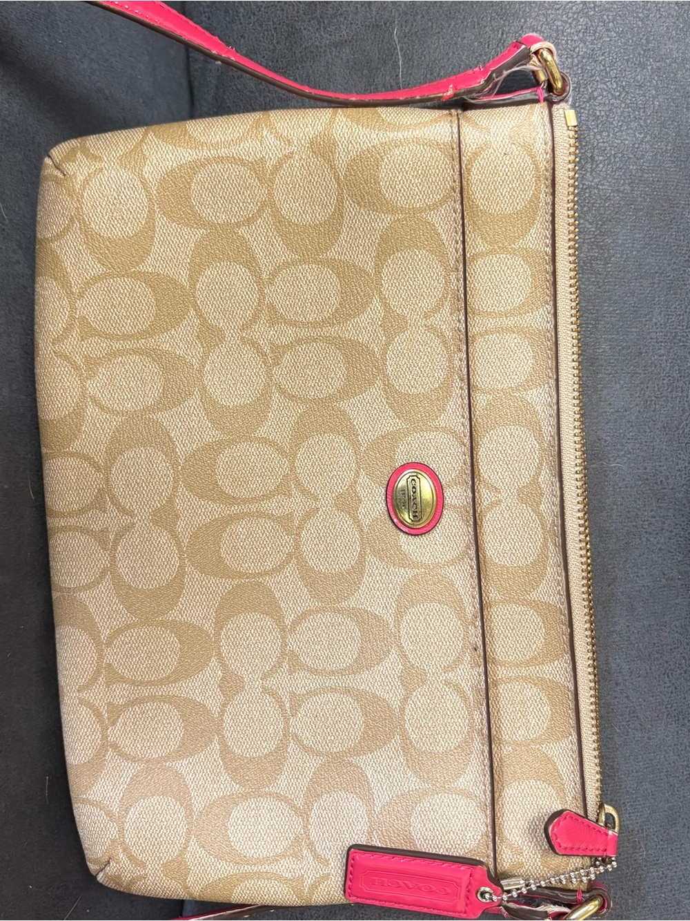 Coach Khaki Signature Crossbody with Pink Trim